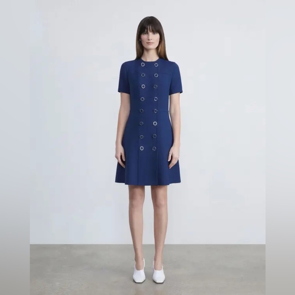 NWOT Lafayette 148 New York WOOL-SILK CREPE DOUBLE BREASTED BLUE Dress Size 12